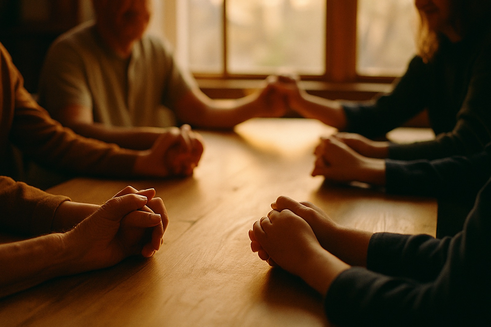 Família com as mãos postas ao redor de uma mesa de madeira