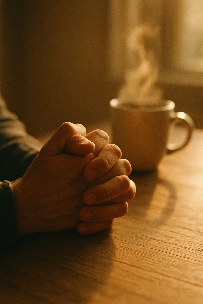 Mãos postas sobre uma mesa de madeira, ao lado de uma xícara de café